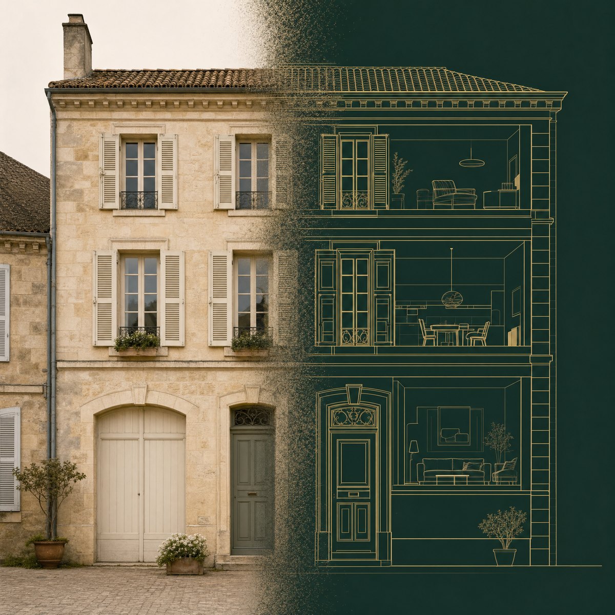 Façade en pierre se muant en coupe technique révélant les lots d'un immeuble divisé
